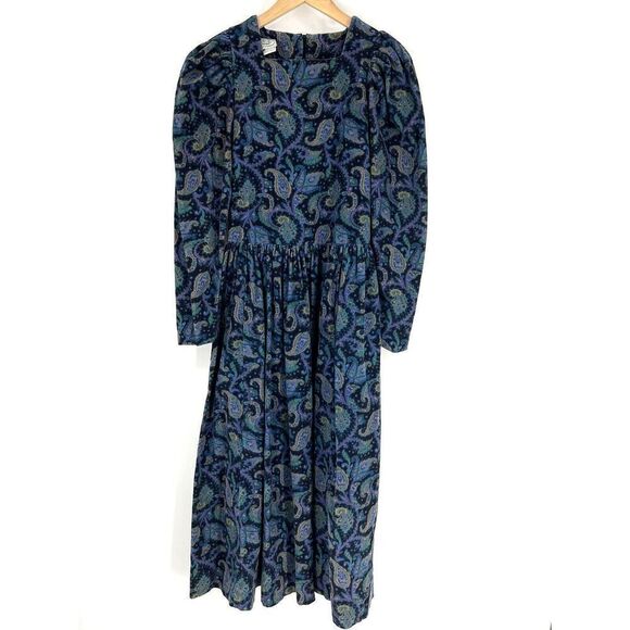 Laura Ashley Dress Size 8 Womens Navy Green Paisley Print Corduroy Great Britain - Picture 1 of 11